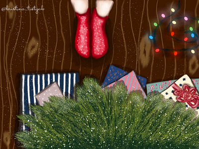 Christmas morning art card cartoon celebration cozy feast foot garland gift glitter happy happy new year illustration socks sweet tree wood