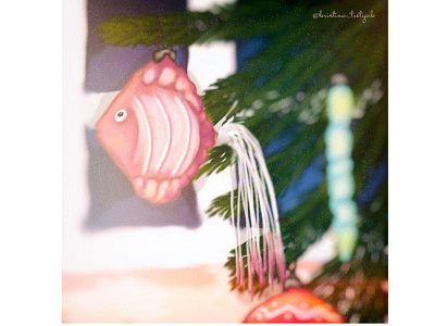 Favorite Christmas tree toy art card celebration child cozy design eyes fish glass holiday illustration pink sketch sweet toy tree