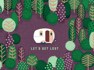 Let's get lost camping cute fairytale illustration moody naive purple summer woods