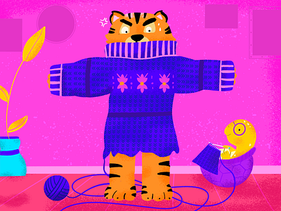 T~ La tortuga teje algo para el tigre 36days t 36daysoftype 36daysoftype08 illustration knitting procreate t tiger tortoise