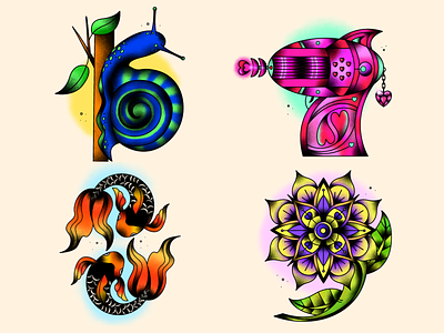 6-9 for 36 Days of Type 2022 36daysoftype 6 7 8 9 flower illustration koi snail space gun tattoo inspired