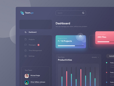 Dashboard TeamGo | Dark Theme Exploration app dark dashboard dashboard design gradient product design team manager ui ui design user interface ux web design website