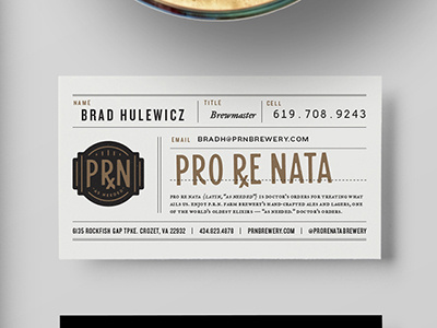 Pro Re Nata Farm Brewery business card