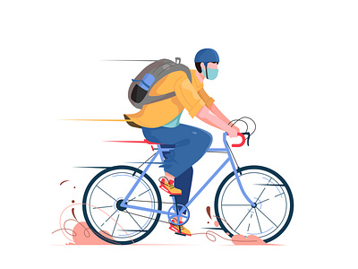 Man Ride a Bicycle with helm and mask