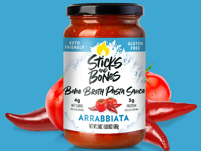 Sticks and Stones Bone Broth Pasta Sauce - Arrabbiata bone broth branding packaging packaging design pasta sauce specialty specialty food