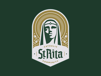 St. Rita Catholic Community Badge badge logo blackletter branding church crest dallas face halo logo roses woman