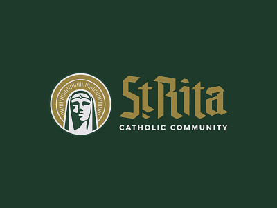 St. Rita Catholic Community Secondary blackletter branding catholic church crest face gold green halo logo woman