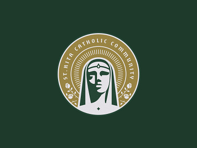 St. Rita Crest badge blackletter church crest dallas face gold letters sticker type woman