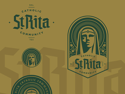 St. Rita Elements badge blackletter branding catholic church crest gold green logo logotype type