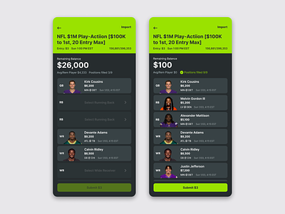 DraftKings - Quick Design Concept app design fantasy football fantasy sports gambling iphone player ui sports ui