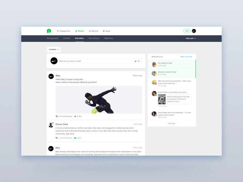 Livefeed admin brand community conversation emmanuel gif green interface navigation notification post ui