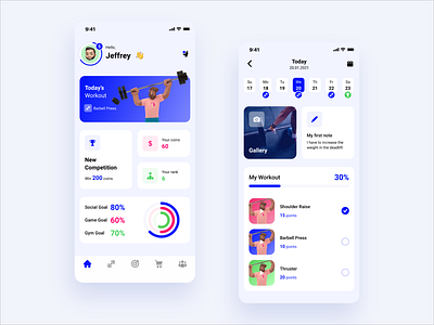 Gym app 3d activity app app design avatar clean design exercise fitness gym health trainer ui ux workout