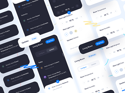 Homely | SmartHome App Concept | Setting and Updates app apple blue cards ui colors concept dark dark theme design development emoji figma floating notifications setting shadow smart home smarthome ui updates