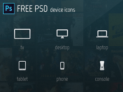 Device Icons - Free PSD console desktop device free freebie icon laptop phone photoshop psd tablet tv