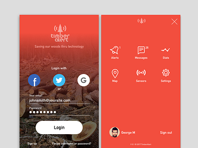 Timber Alert alert app branding forest identity logo mobile nature red tree ui warning