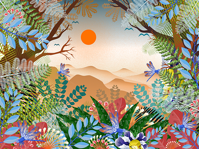 oranjeMoon affinity affinitydesigner colourful design dragonfly floral flowers forest illustration illustrations landscape moon mountain vector