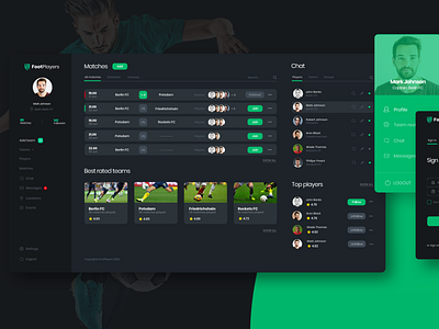 Foot Players app dark mode dashboard design football football app green social sport ui ux webapp webdesign