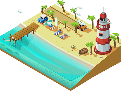 Isometric Beach adobe illustrator beach bird design illustration illustrator isometric isometric art sand summer vector