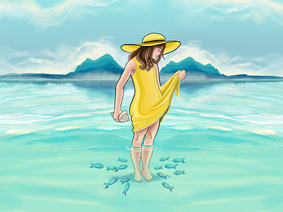 Yellow Dress Girl fish girl illustration illustrator lake mountains photoshop shell water yellow