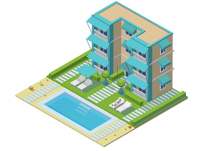 Isometric Hotel adobe illustrator beach bird building design girl icon illustration illustrator isometric isometric art pool resort sand shell summer vector water