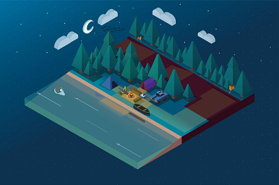 Isometric Forest at Night adobe illustrator bird branding design forest girl icon illustration illustrator isometric isometric art isometric forest logo mountains night ui ux vector water web