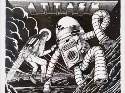 Space attack black white design dotwork illustration ink drawing old poster typography
