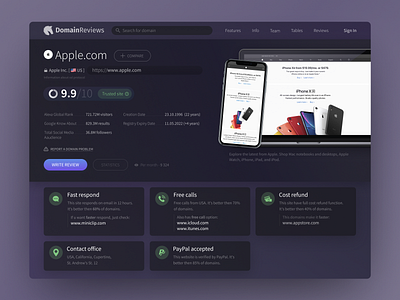 Design concept of Domain Review brand promotion dark ui design concept desktop design domain domain card domains info website information design inspiration look and feel product page purple purple gradient rating reputation ui design user experience user interface ux ui design violet