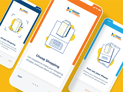 Onboarding for Grocery Store App barcode branding carousel flow groceries illustration interaction loyalty program onboarding screens scan shopping store app ui ux vector