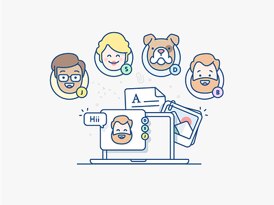 illustration - Atlassian atlassian beard character chat document dog girl illustration image laptop man