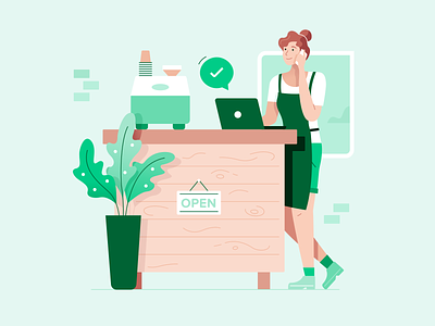 Hospitality illustration apply approved business owner character coffee illo illustration lady plant prospa shop shopfont store