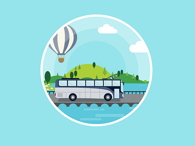 Traveling concept for online ticket company airballoon bride bus caw illustration nature river summer travel traveling tree