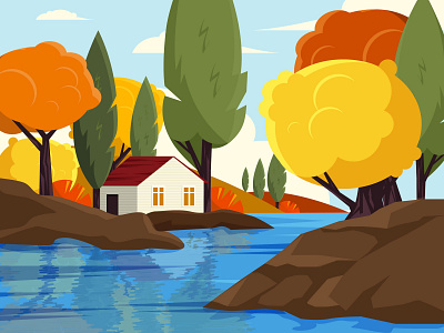 Autumn Landscape autumn cabin colorful fall illustration lake landscape nature river tree