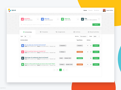 Spiral.ac - Dashboard Teacher class assignment classroom collaboration e learning education spiral spiral.ac ui ux web