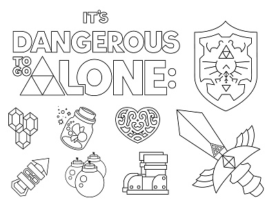 It's Dangerous To Go Alone: Color This bombs coloring page fairy in a bottle hand lettering heart container hook shot hylian shield iron boots legend of zelda master sword navi ocarina of time rupees
