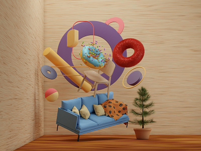 Mess 3d 3d art blender branding couch donut funky mess minimal wood