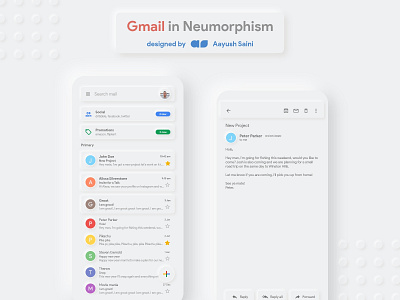 Gmail in Neumorphism (or Soft UI) adobe xd app app design branding design email gmail neumorphism redesign soft ui ui ui design uidesign uiux ux xd