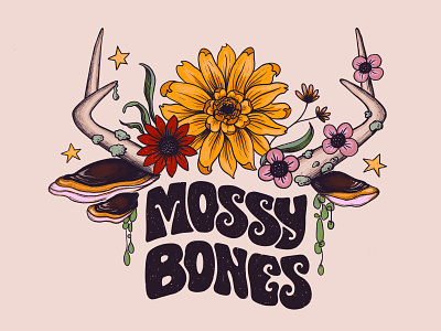 Mossy Bones Logo bones flowers illustration lettering art logo mushrooms nature