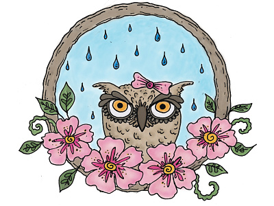 owl i need is a rainy day bird flowers handdrawn illustration nature owl
