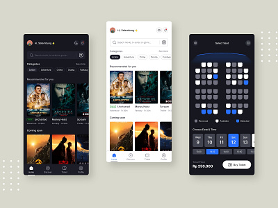 Movie App animation booking booking app booking ticket cinema cinematic clean film interaction minimalist mobile movie ticket ticket app ui ux