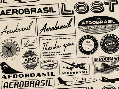 AEROBRASIL LOST - LOGOS ! aerobrasil airline branding branding and identity branding concept design flight flight logo fly graphic illustration labels logo lost paiheme paihemestudio retro retro design stamp vintage