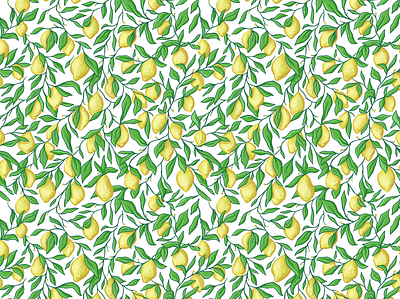 Lemons Pattern brush citrus freelance fruit garden green illustration interior leaf lemon pattern lemons pattern pattern design surface textile tree wallpaper yellow