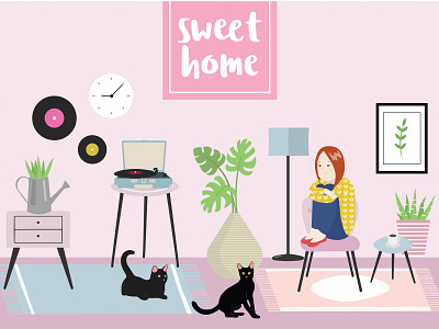 Sweet Home collection cartoon cats character creative market crosley cruiser design graphic design illustration illustration art illustrator ilustracion ilustración love monstera plants scene creator scene generator vector vector artwork vinyl