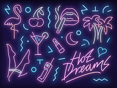 Hot Dreams disco flamingo illustration kitsch linework memphis pattern miami neon palm 🌴 👄 💄