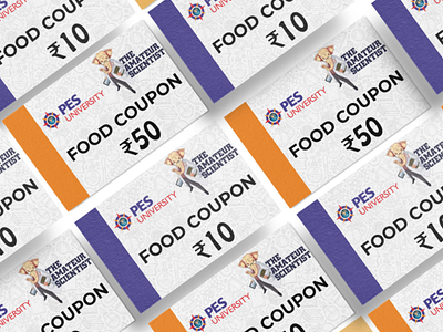 Food Coupons - The Amateur Scientist '19 Event by PES University branding card design coupons digital design event management exclusive event food orange pes university purple the amateur scientist