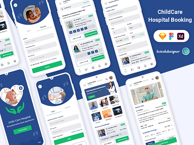 Childcare Hospital Appointment Booking Mobile App UI kit app appointment book child children clinic consultation department doctors hospital medicine testimonial