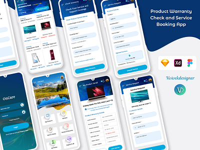 Check Product Warranty and Service Booking Mobile App UI Kit agreement app concept doorstep home office onsite product repair service visit warranty