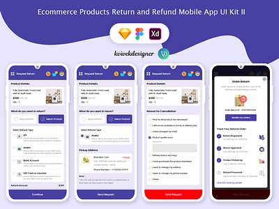 Ecommerce Product Return and Refund Mobile App UI Kit Version 2 app cancelled concept design items product purchase refund return status tracking wishlist