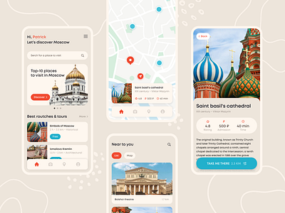 Moscow traveling app city guide map mobile moscow pastel sightseeing travel ui ux