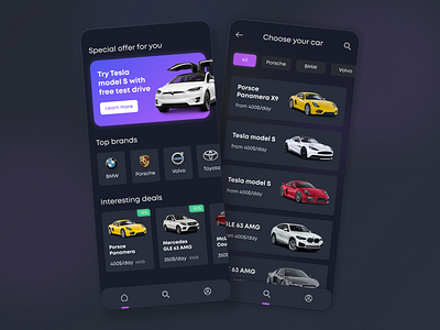 App for car renting car carsharing dark ui mobile renting tesla