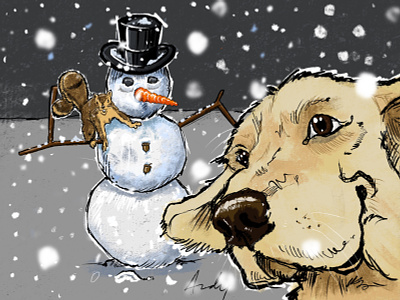 Zuzu, the Snowman, and the Lazy Squirrel. goldenretriever procreate app snowman squirrel